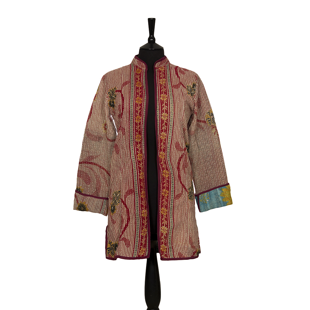 Long Kantha Jacket - Small - Size 10 - Red Striped pattern. Reverse ...