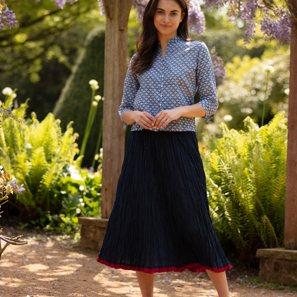 Block Printed Crinkle Skirt - Indigo Blue with Red border - Camilla ...