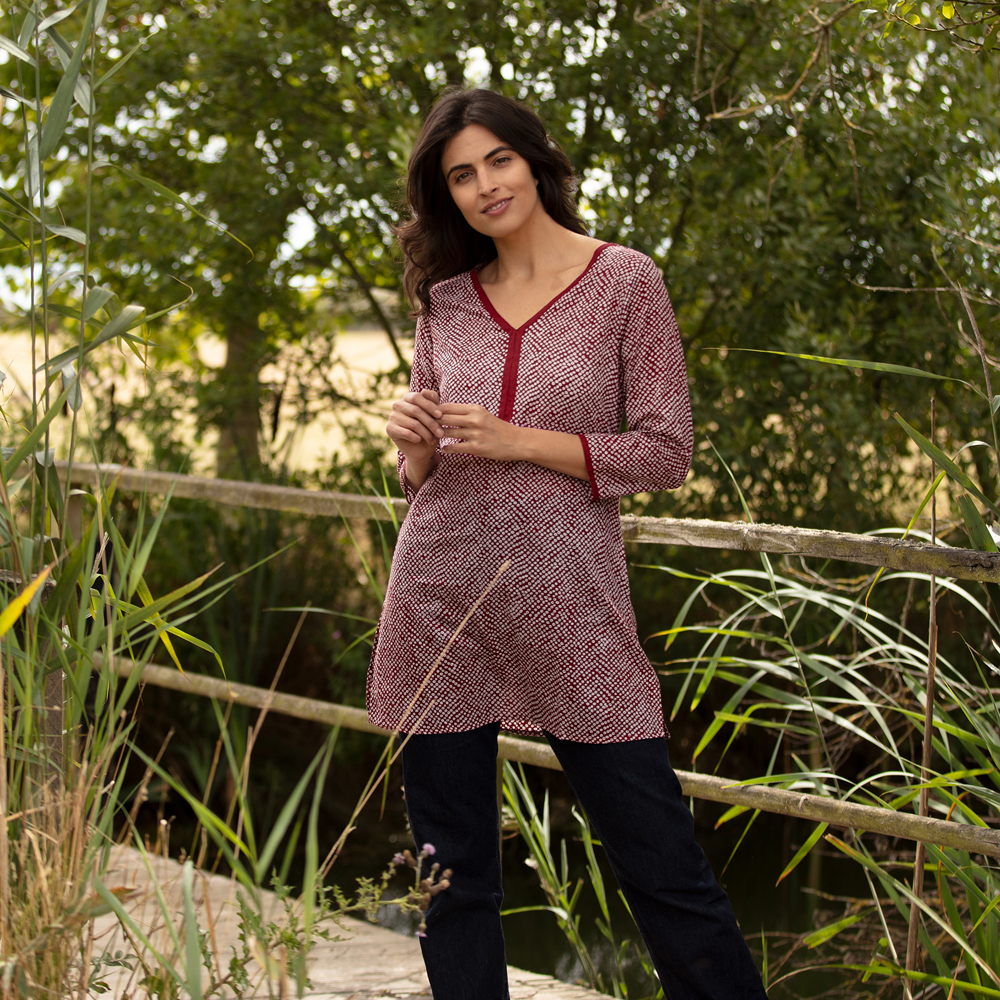 Long Kurta Top Style 2 Burgundy Red Spot design Was 49 Camilla Costello