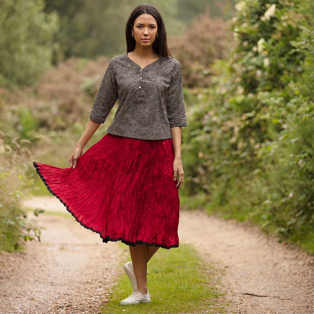 Block Printed Crinkle Skirt - Red with Black border - Camilla Costello