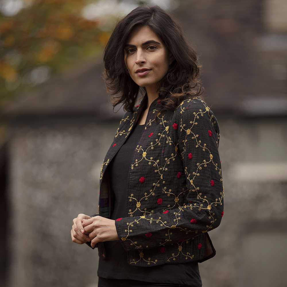 Short Kantha Jacket X Small Size 8 10 Black with Gold and Red embroidery. Reverse Browns