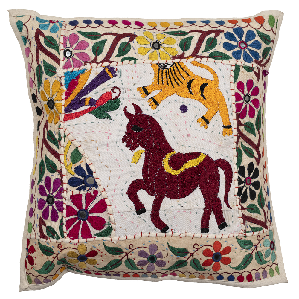 Embroidered Gujarati Cushion Cover 44cm x 44cm Horse Lion and