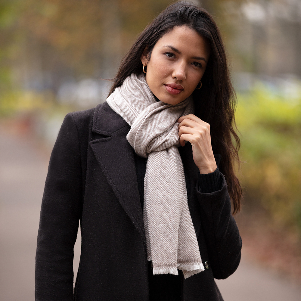 Merino Wool with Cashmere Scarf - Beige Wide Herringbone