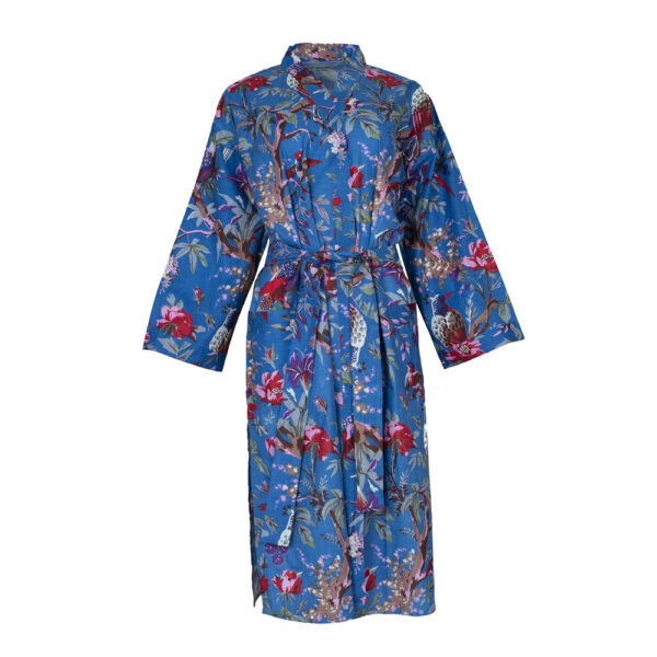 Hand silk screen printed dressing gown - Bright Blue Bird of Paradise ...