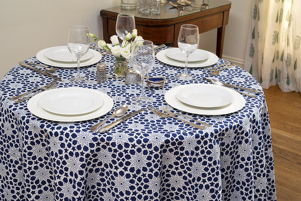 Block Printed Cotton Tablecloth Round, Navy Blue Round Tablecloths