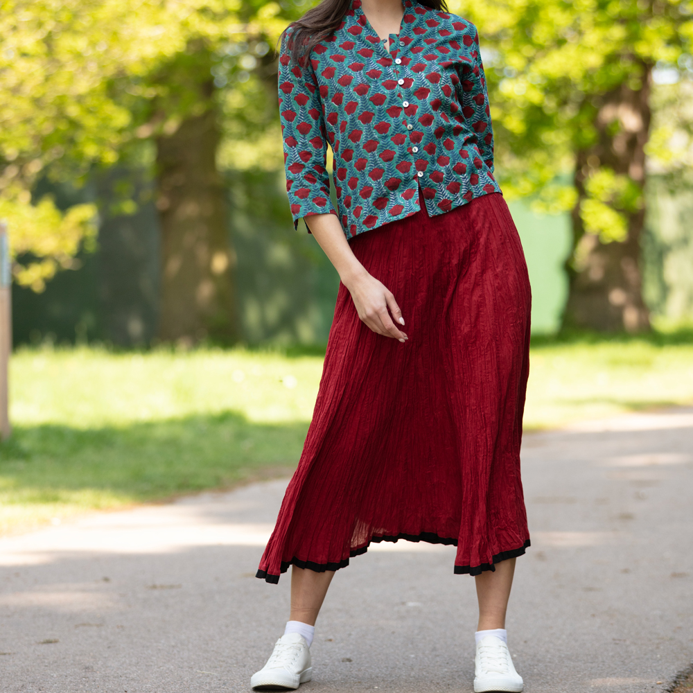 Red long skirt and black best sale top