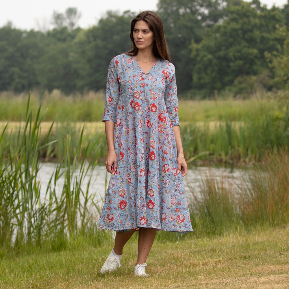 Sattyam Dress Pale Blue with Red Coral Flowers Was 110