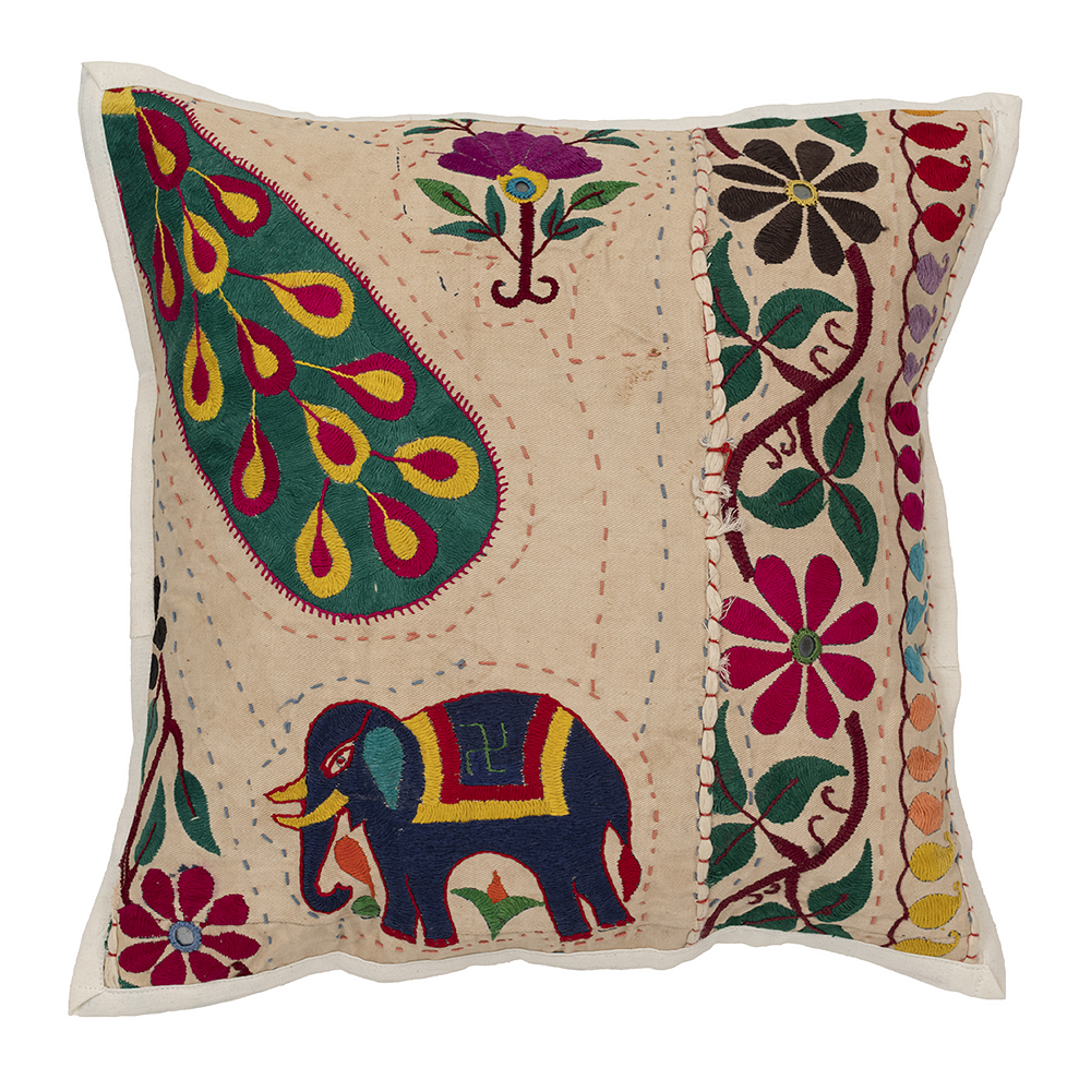 Embroidered Gujarati Cushion Cover – 45cm x 44cm – Elephant, Peacock ...