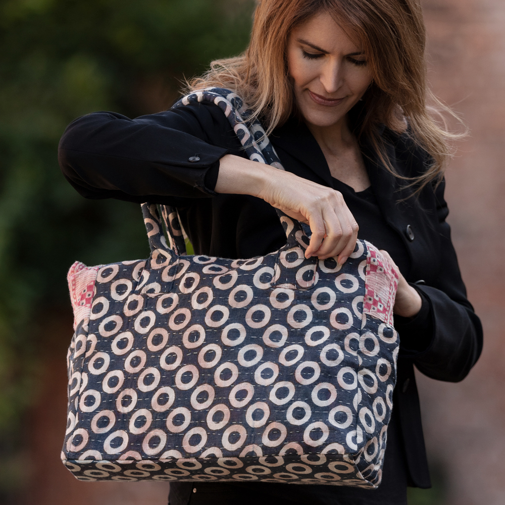 Kantha Bag - Pale Beige Circles on Inky Black - Camilla Costello