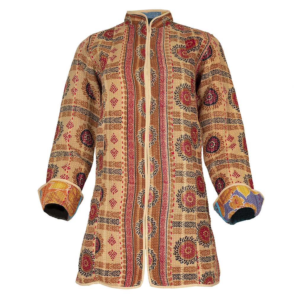 Long Kantha Jacket - X Small - Size 8 - Red, Black and Caramel on Sand ...