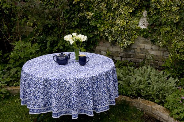 Block Printed Cotton Tablecloth Round, Round Blue Tablecloth